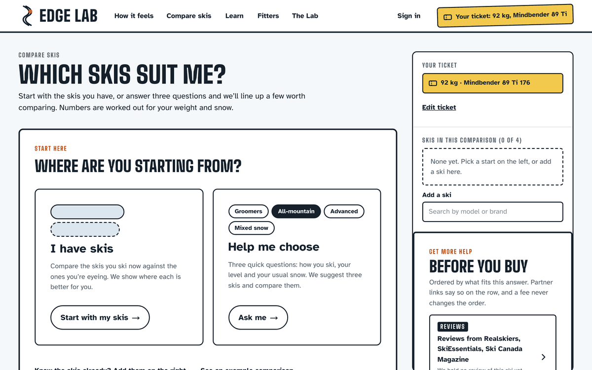 Edge Lab's "Which skis suit me?" page: start with your skis, or answer three questions
