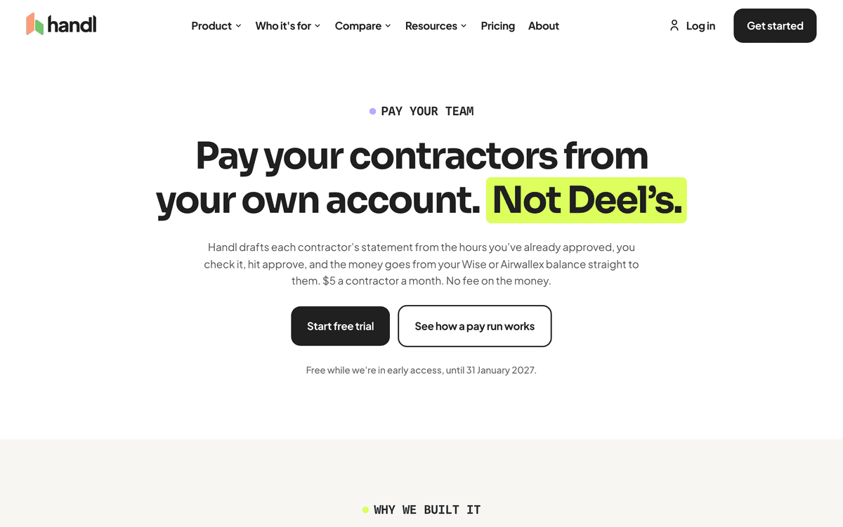 Handl's Pay your team page: "Pay your contractors from your own account. Not Deel's."