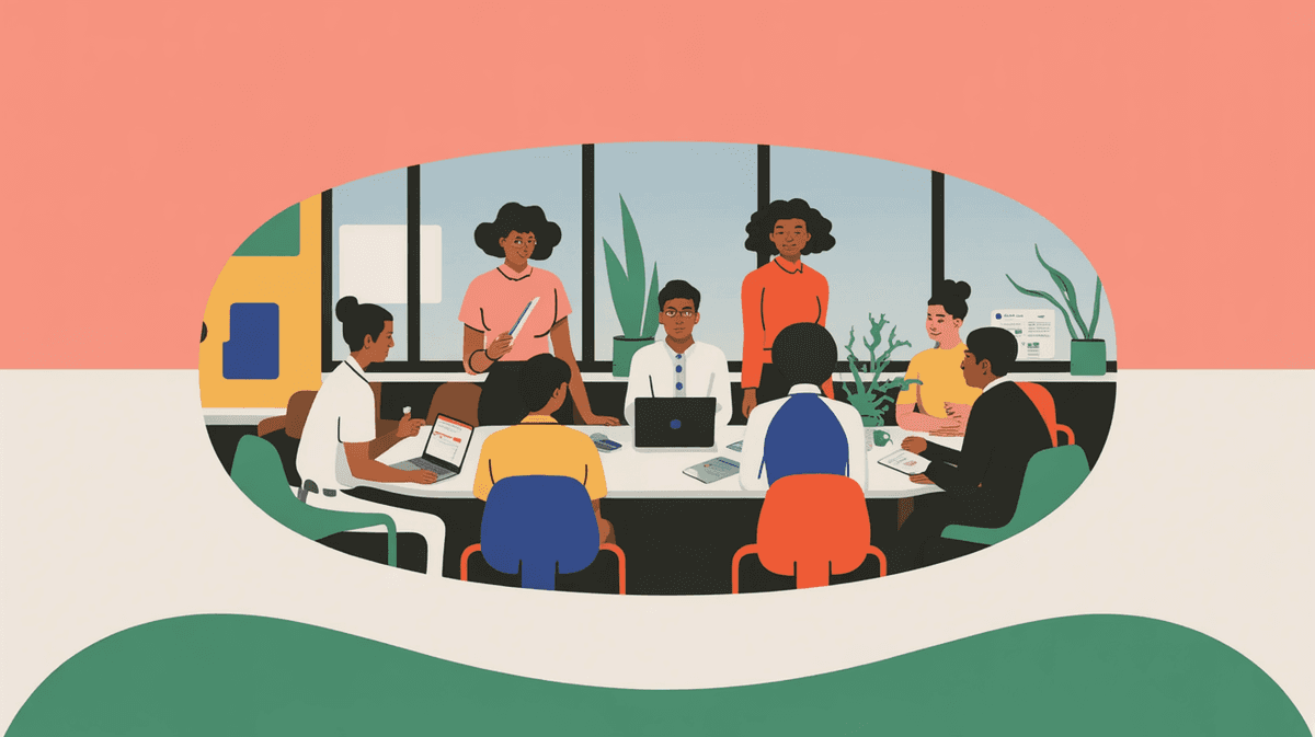 Professional team gathered in bright modern conference room discussing strategy documents and laptops
