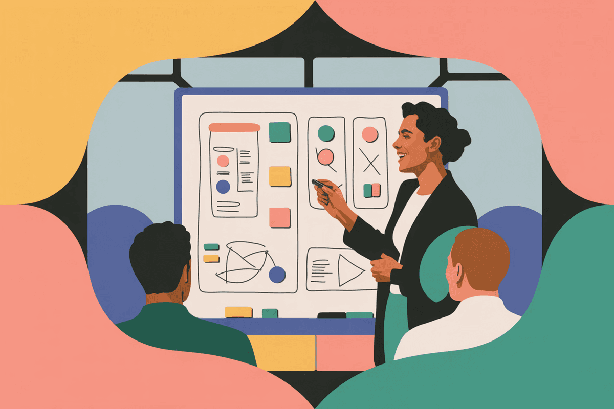 Product manager presenting ideas at whiteboard to engaged team members in modern office setting