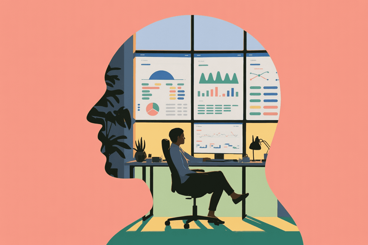 Data scientist in profile reviewing analytics on multiple monitors with natural window lighting