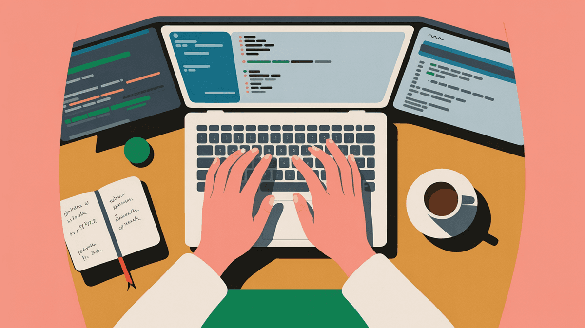 Overhead view of developer's hands typing on laptop with data visualizations on screen and coffee nearby