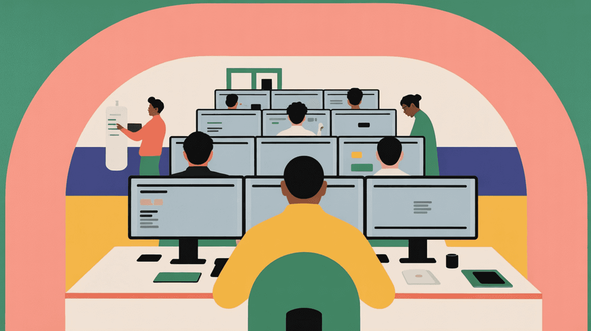 Modern software development office with natural lighting, showing team members working at various workstations in an open collaborative environment