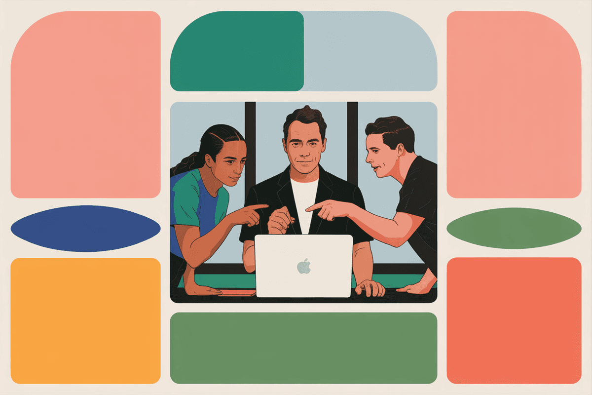 Team of three professionals collaborating around a laptop in a bright modern workspace during a work discussion