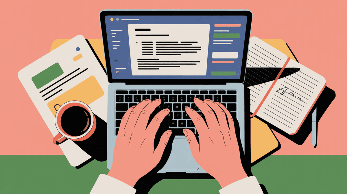 Overhead view of person working on laptop with documents and coffee, showing active content creation workflow