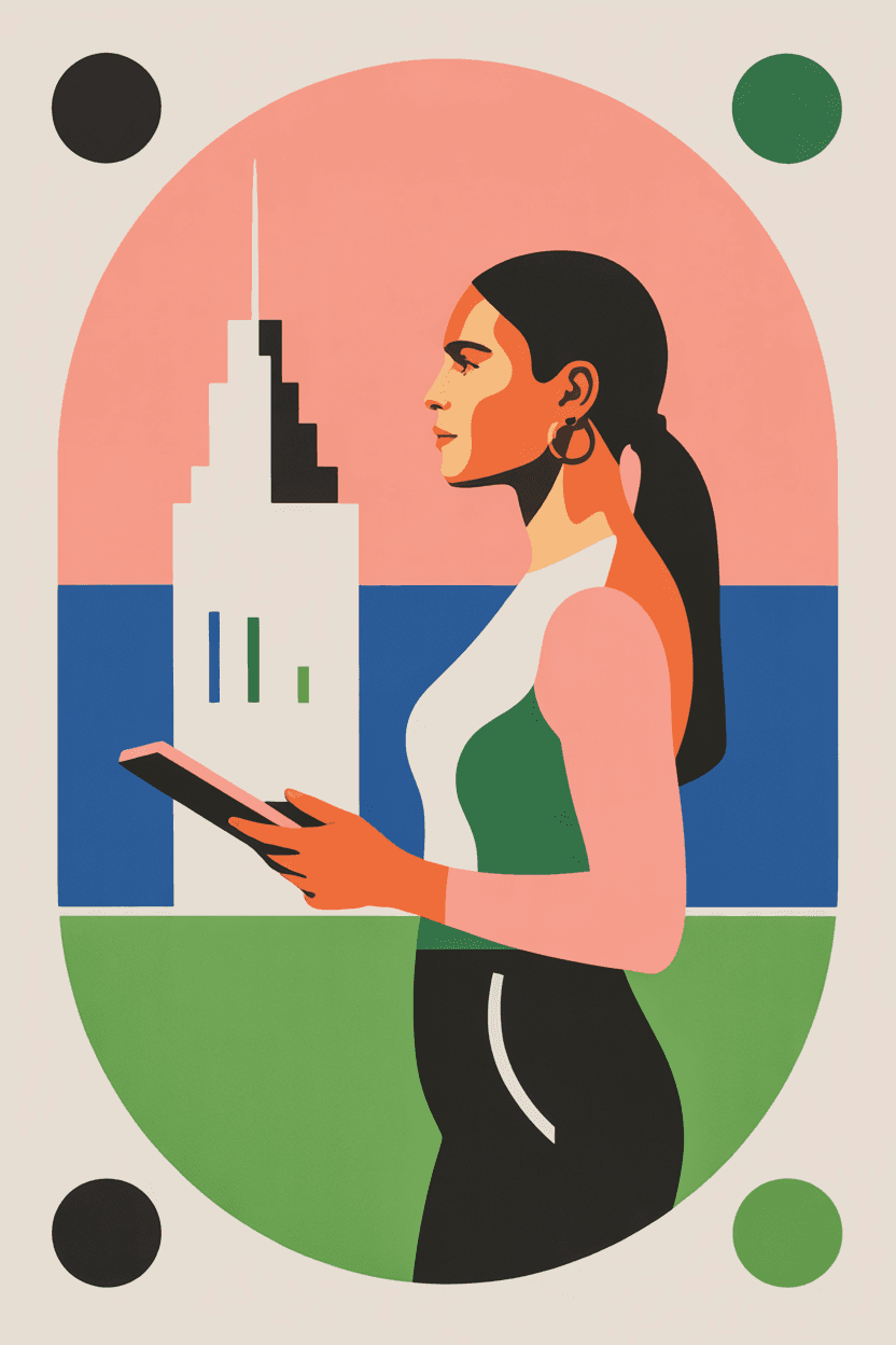 Professional woman standing at office window in contemplative pose, looking out over city view while holding tablet