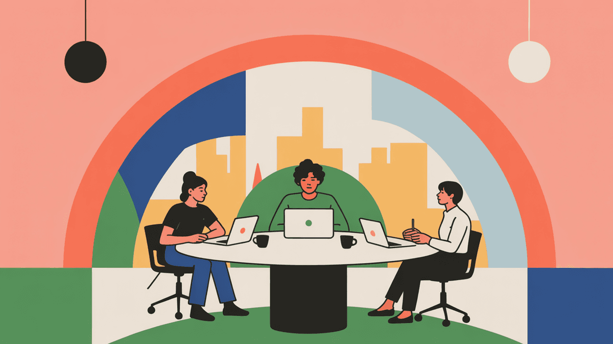 Product development team collaborating in modern office space during strategy session
