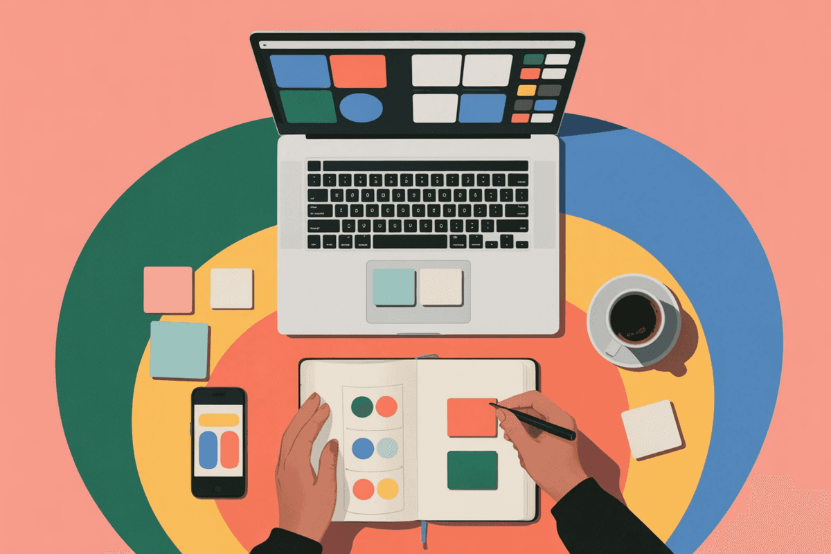 Overhead view of product designer's workspace with laptop, notes, and planning materials spread across desk