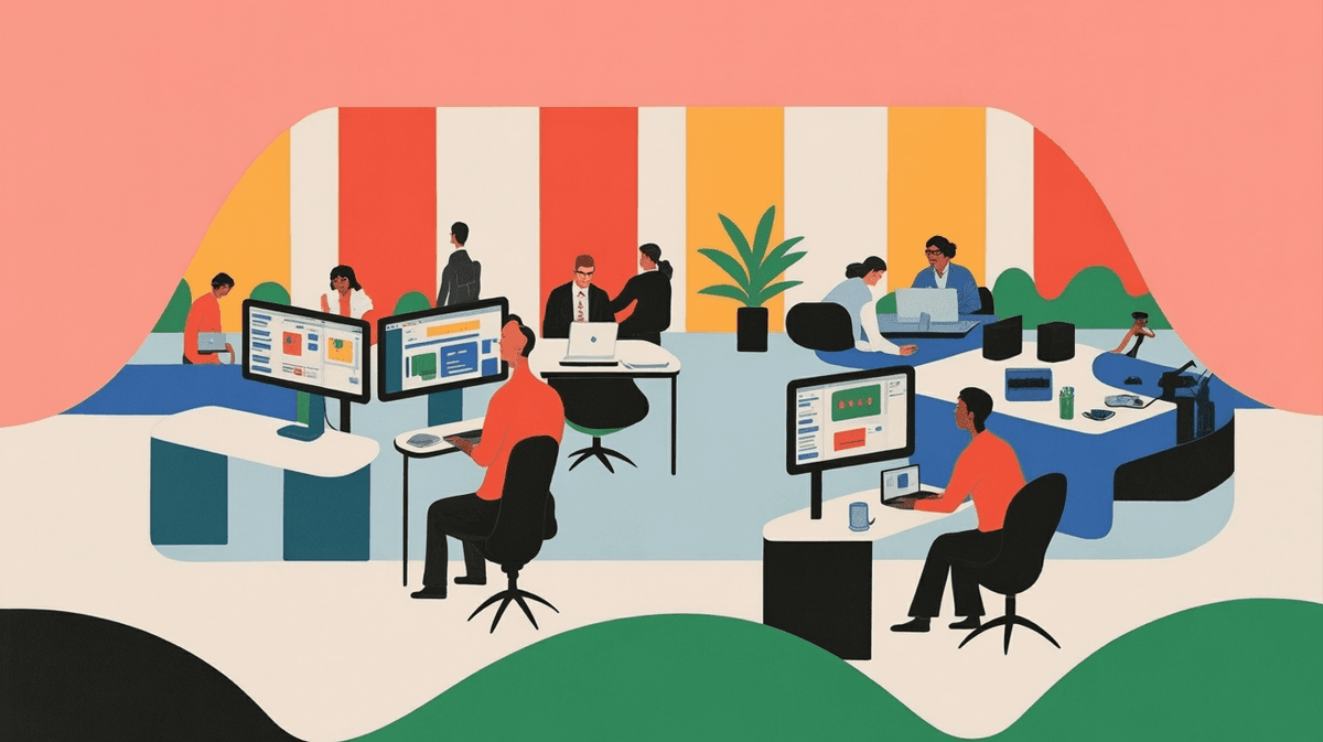 Modern open-plan software development office with natural lighting, showing multiple professionals working at various workstations throughout the space