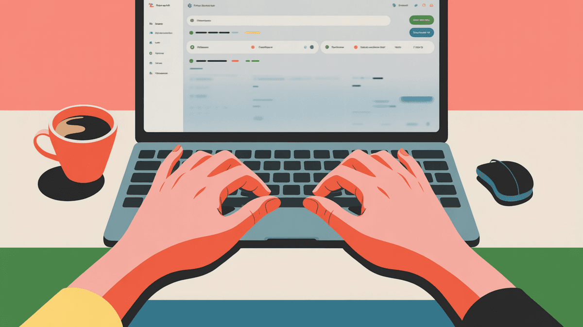 Close-up of hands typing on laptop keyboard with coffee cup, representing the rapid pace of software development and competitive pressure