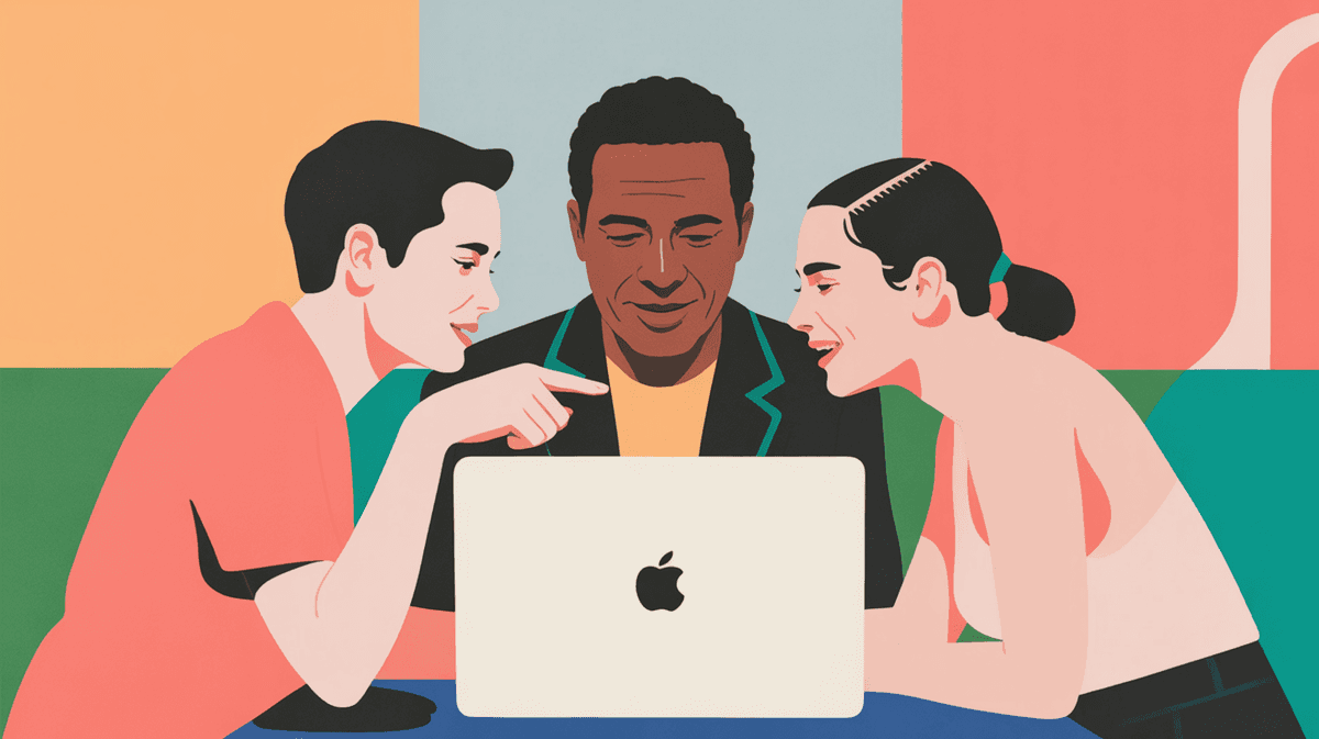 Three professionals collaborating around a laptop in a modern workspace, engaged in strategic discussion