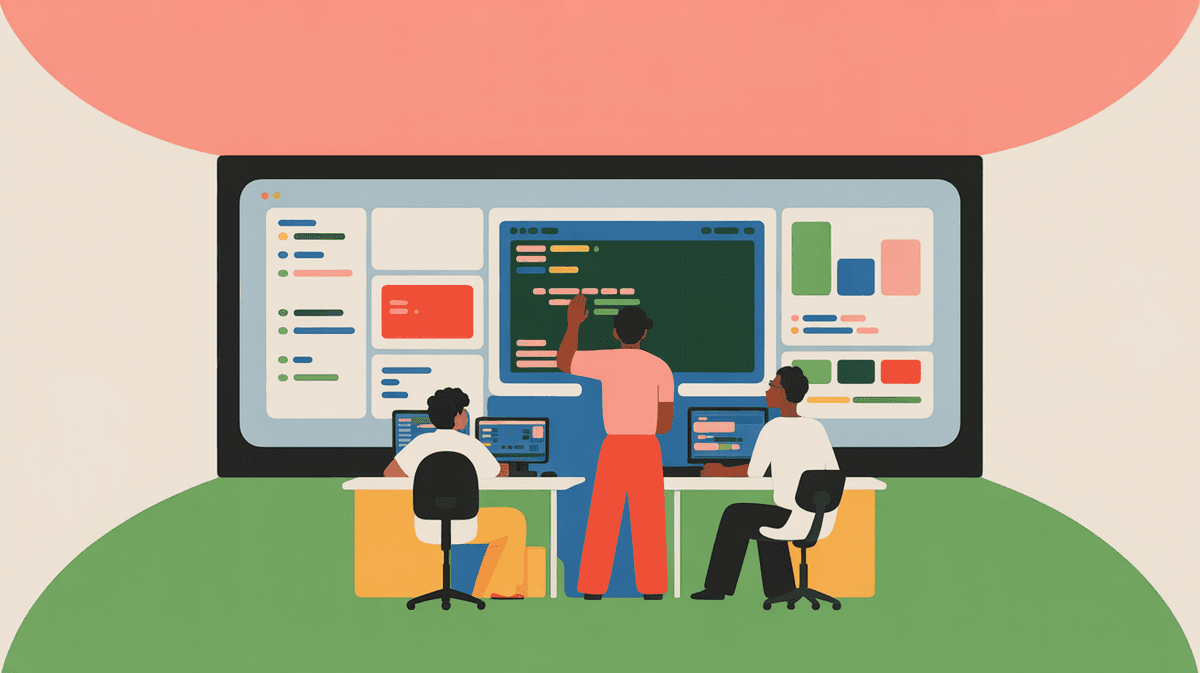 Software development team collaborating in modern office with natural lighting and multiple monitors