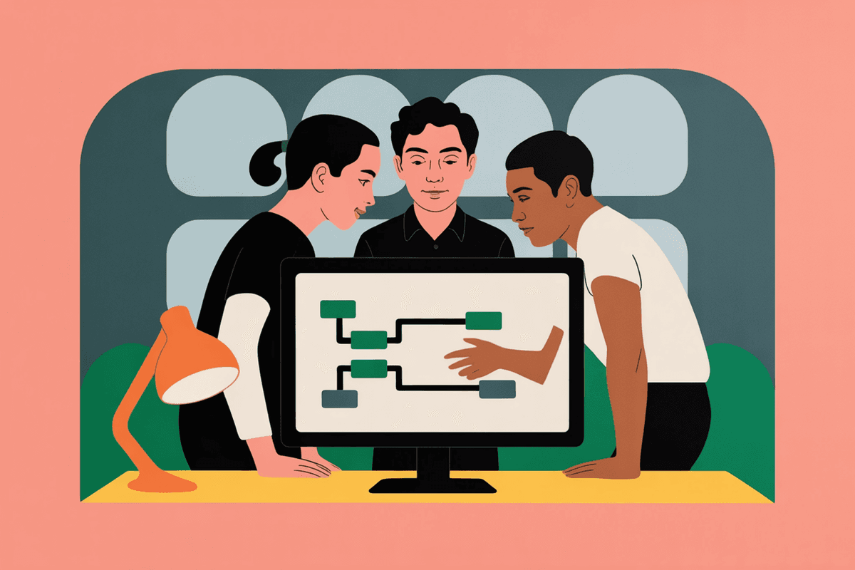 Three engineers collaborating at a standing desk, discussing system architecture on a large monitor in a modern office