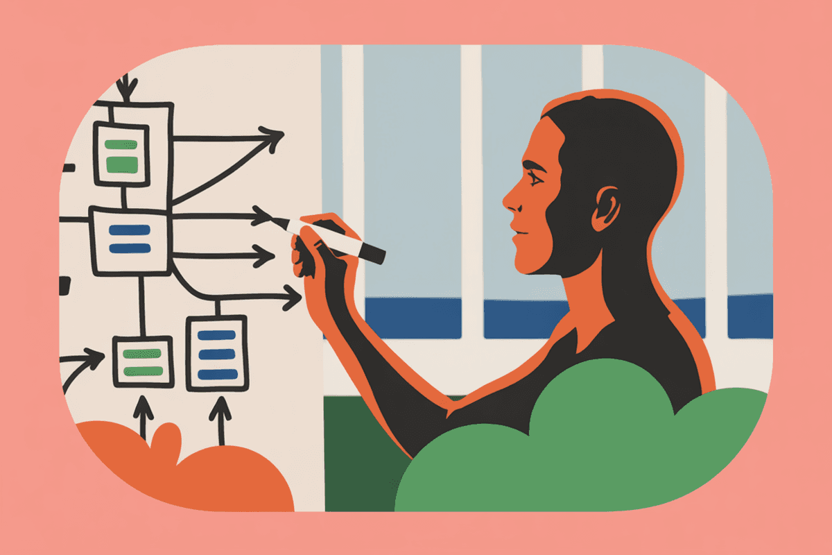 Software architect drawing system architecture on whiteboard in profile view with natural window lighting
