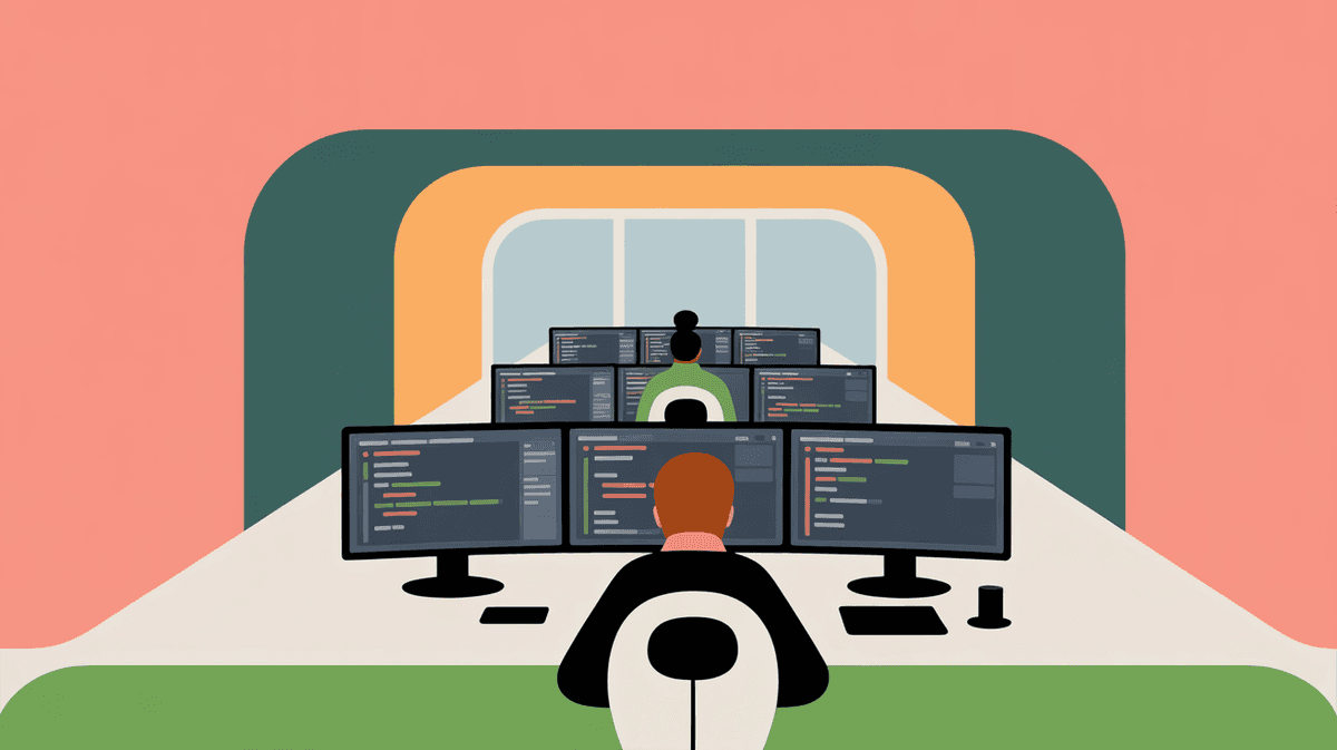 Modern technology office workspace with developers collaborating at multiple workstations under natural lighting