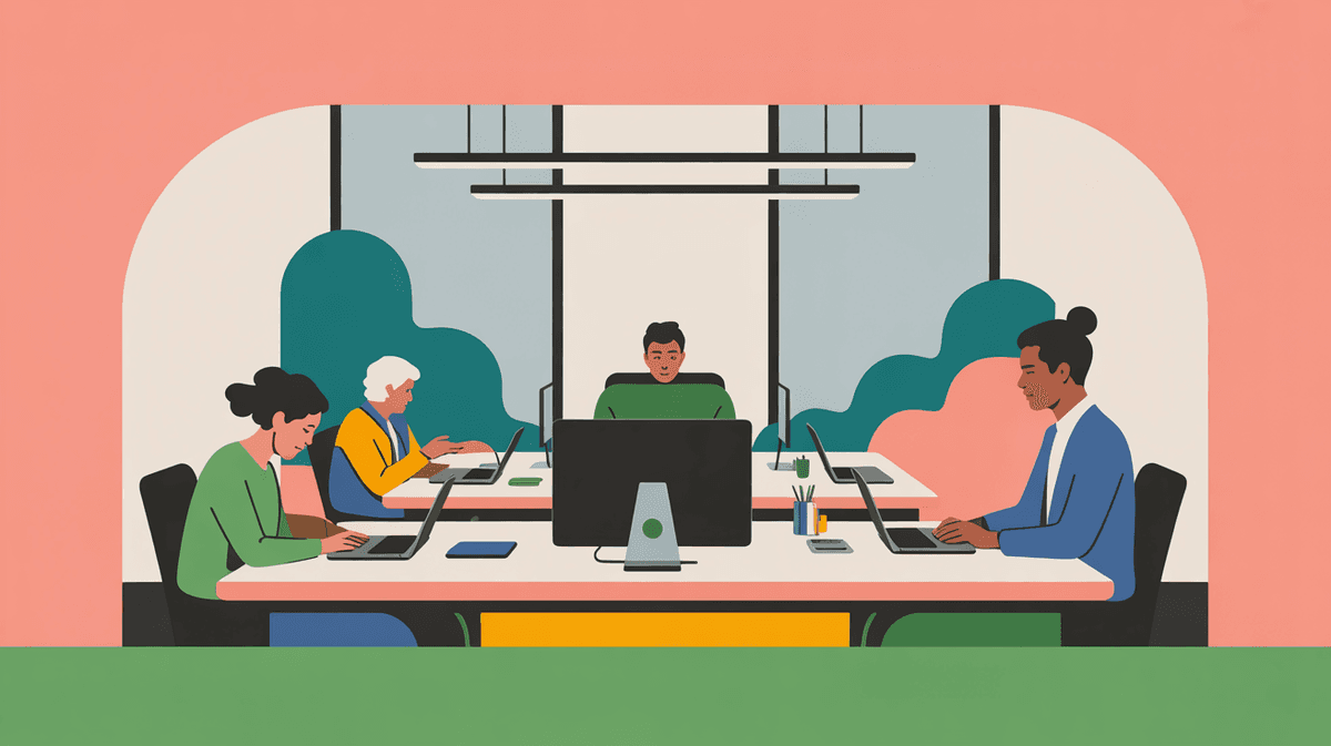 Modern startup office with team members collaborating at workstations in naturally lit space