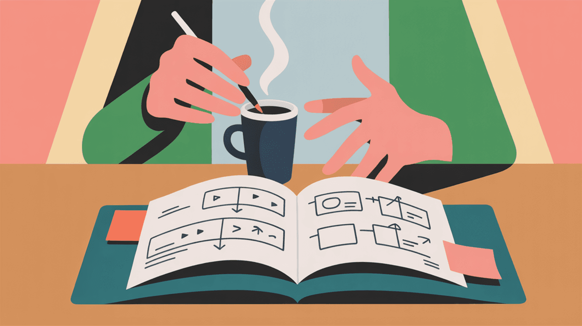 Close-up of hands sketching problem validation notes in notebook during planning session