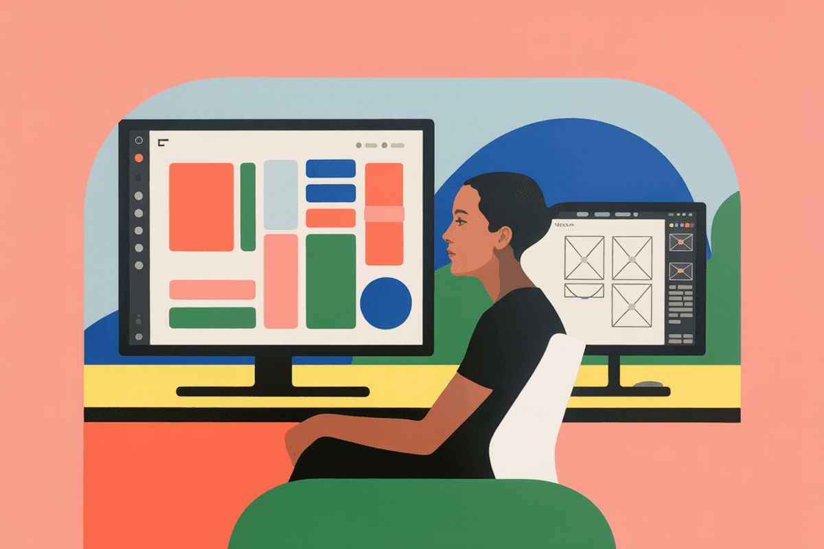 Designer reviewing AI product interface designs on monitor at standing desk workspace