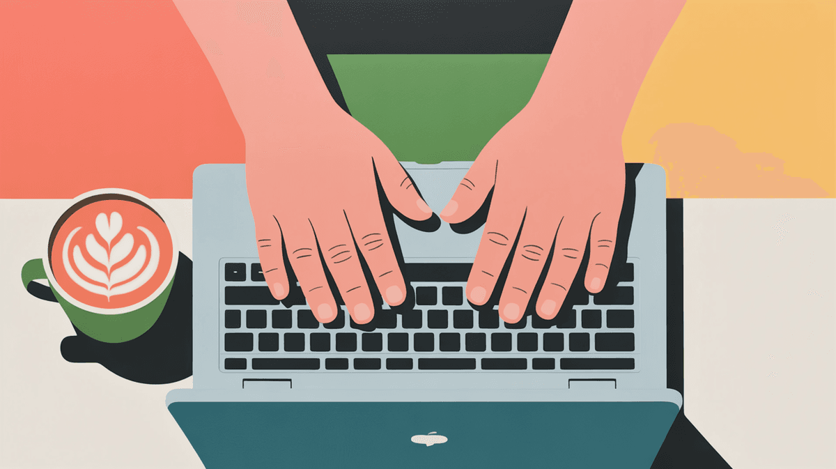 Close-up of hands typing on laptop with coffee nearby, capturing focused work moment