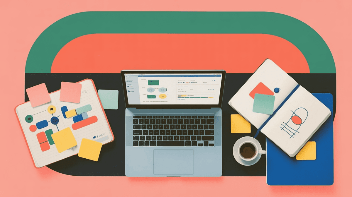 Overhead view of a founder's workspace with laptop, technical notes, and coffee, bathed in natural morning light