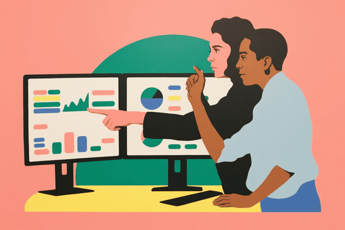 Two professionals collaboratively reviewing data visualizations on monitors at a standing desk