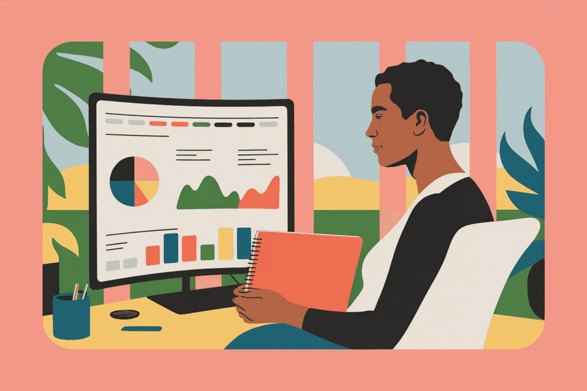 Software engineer reviewing data visualizations at standing desk in naturally lit workspace