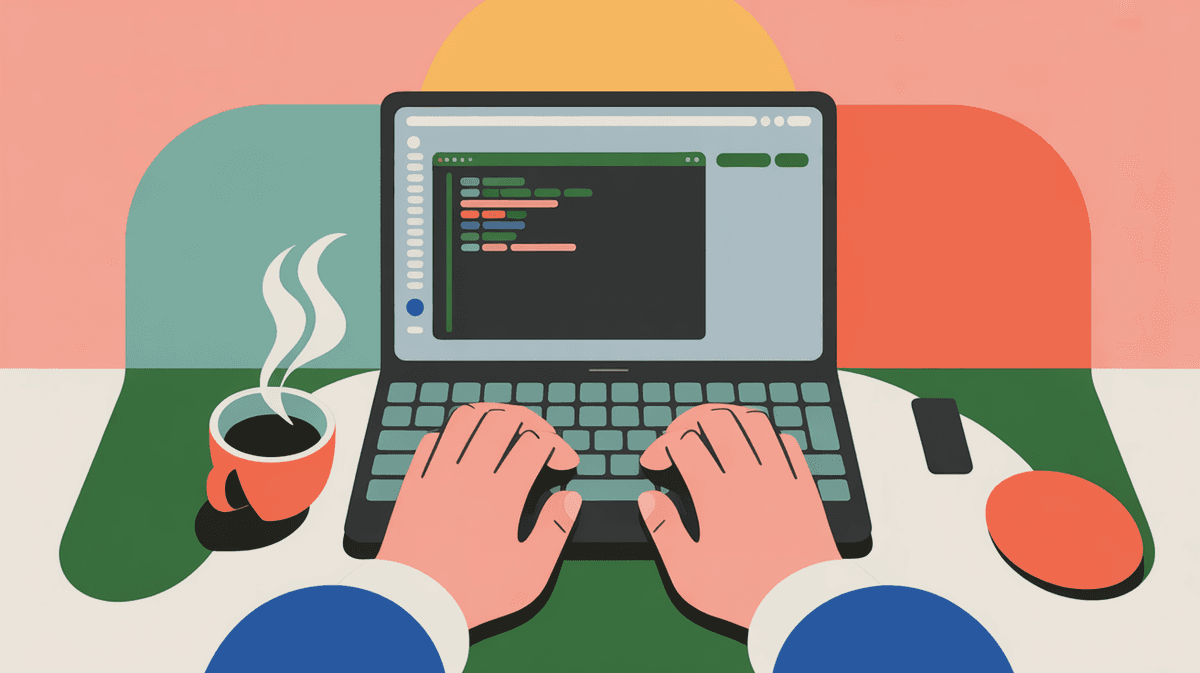 Close-up of developer's hands typing at keyboard with coffee and monitors in soft focus background