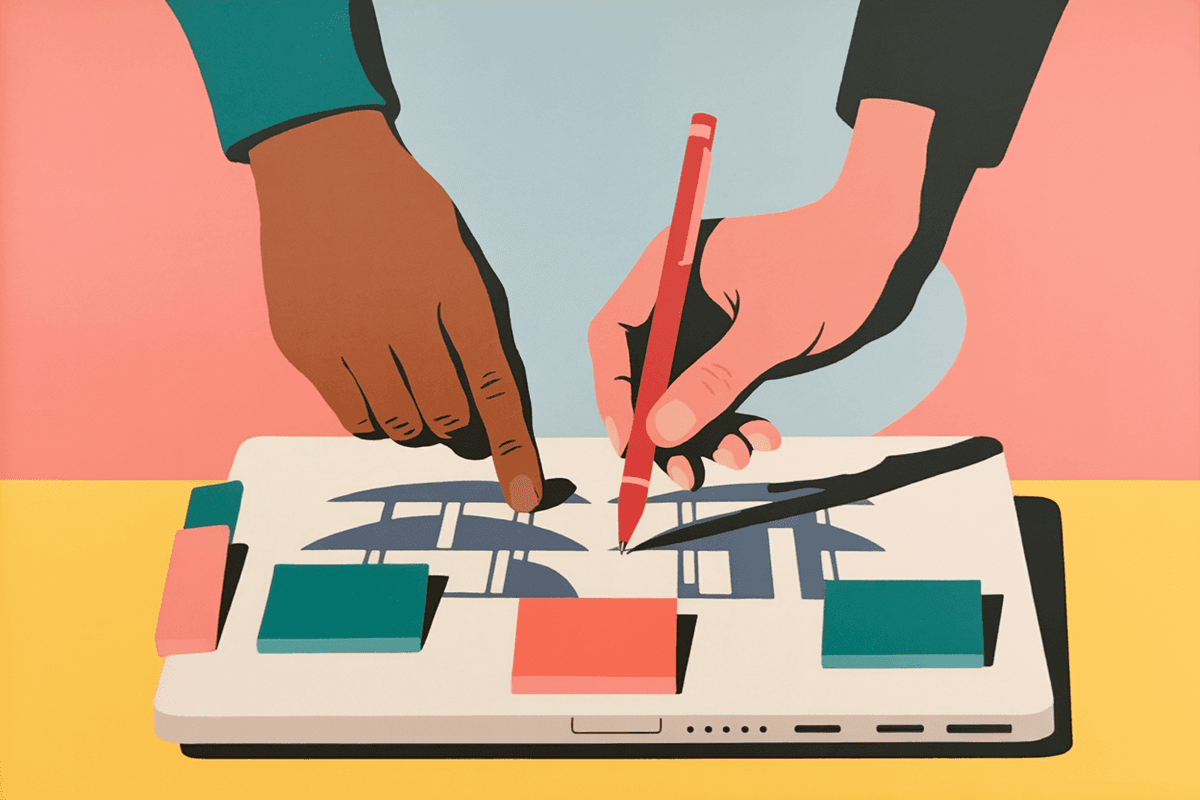 Close-up of hands reviewing technical diagrams with annotations and notes on desk