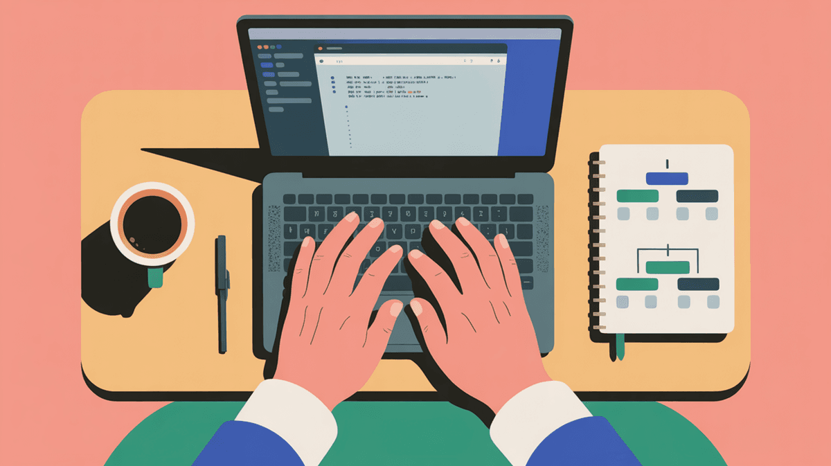 Overhead view of developer's hands typing on keyboard with laptop, coffee, and handwritten notes on a wooden desk