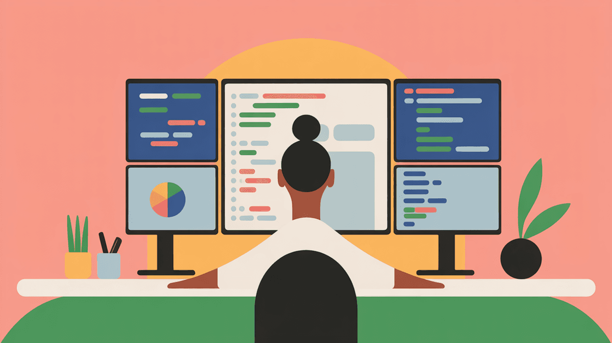 Developer working at a modern standing desk with multiple monitors in a bright, professional office space with colleagues collaborating in the background