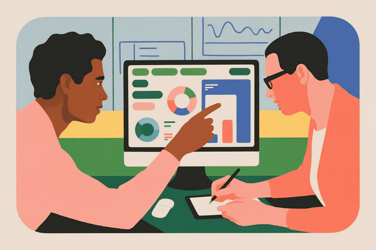 Two developers collaborating at a desk, one pointing at a monitor while the other takes notes, in a bright modern workspace