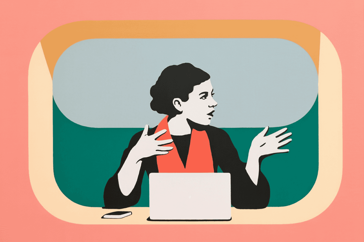Professional woman engaged in animated conversation at a coffee shop, laptop nearby, demonstrating the natural conversational interaction that AI-native products enable