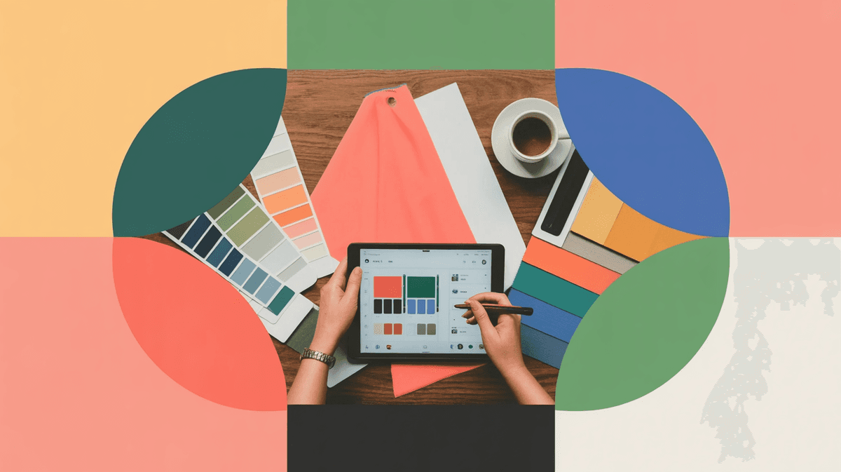 Overhead view of interior designer's hands arranging fabric samples and materials on a desk with a tablet, showing the tactile nature of design work