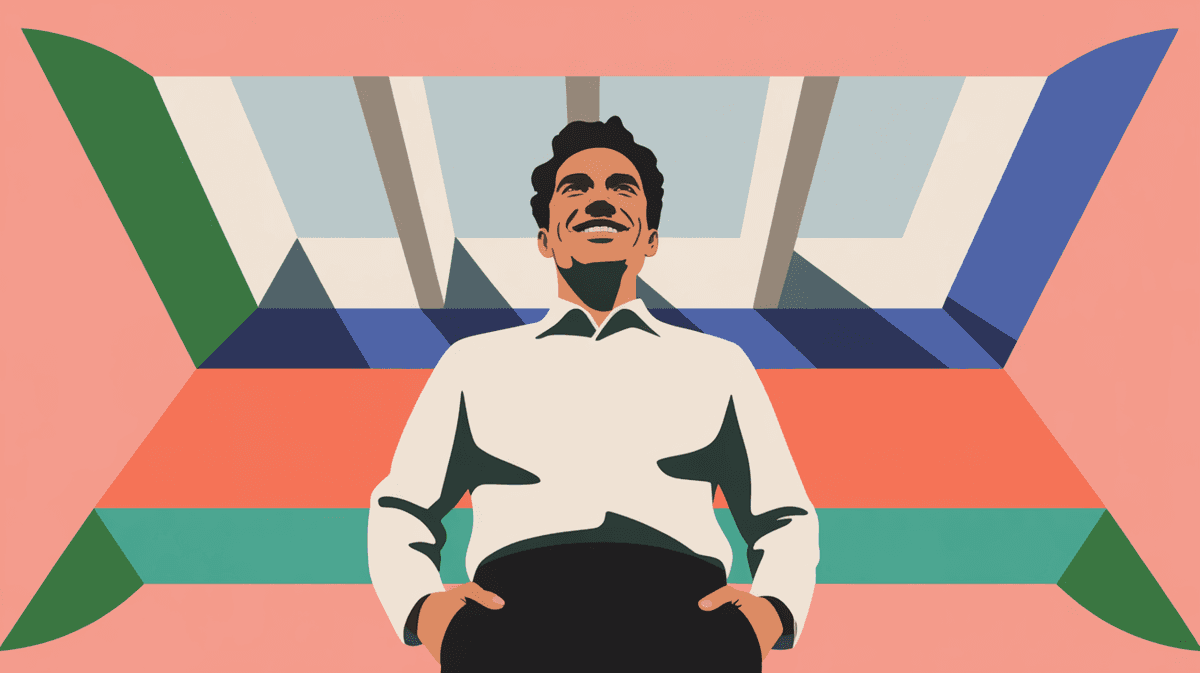 Upward-angled view of confident professional standing in modern office space with dramatic natural lighting, conveying leadership and innovation in the AI-native era