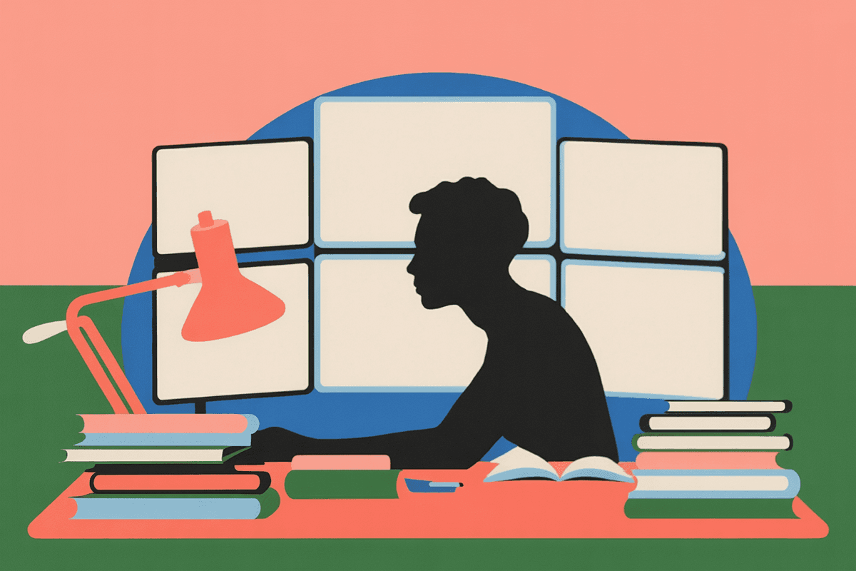 Silhouette of person deeply focused on research at a multi-monitor workstation in atmospheric lighting, conveying the intensity of knowledge work