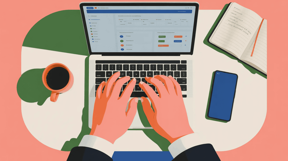 Overhead view of professional working on laptop with dashboard interface visible, coffee and notes creating authentic workspace scene
