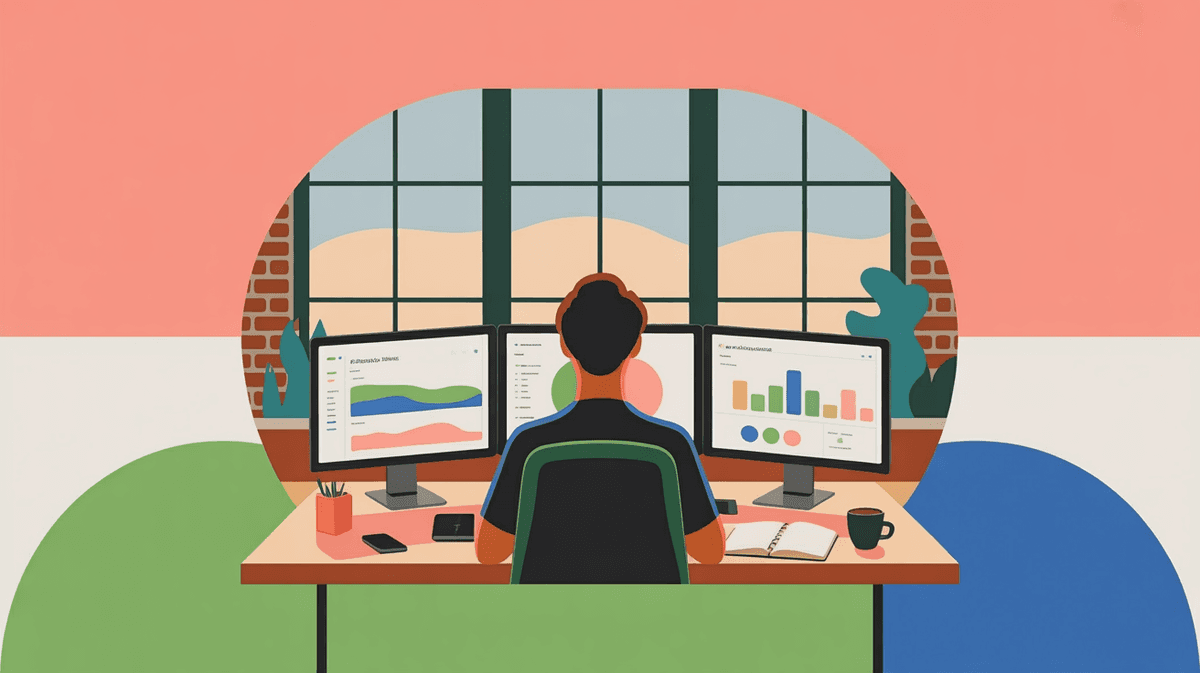 Focused entrepreneur reviewing multiple project dashboards at standing desk in sunlit modern office with industrial windows