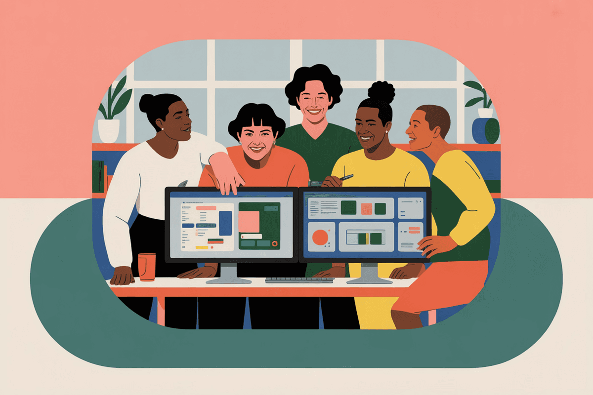Product development team collaborating around monitors during strategy session in bright modern workspace