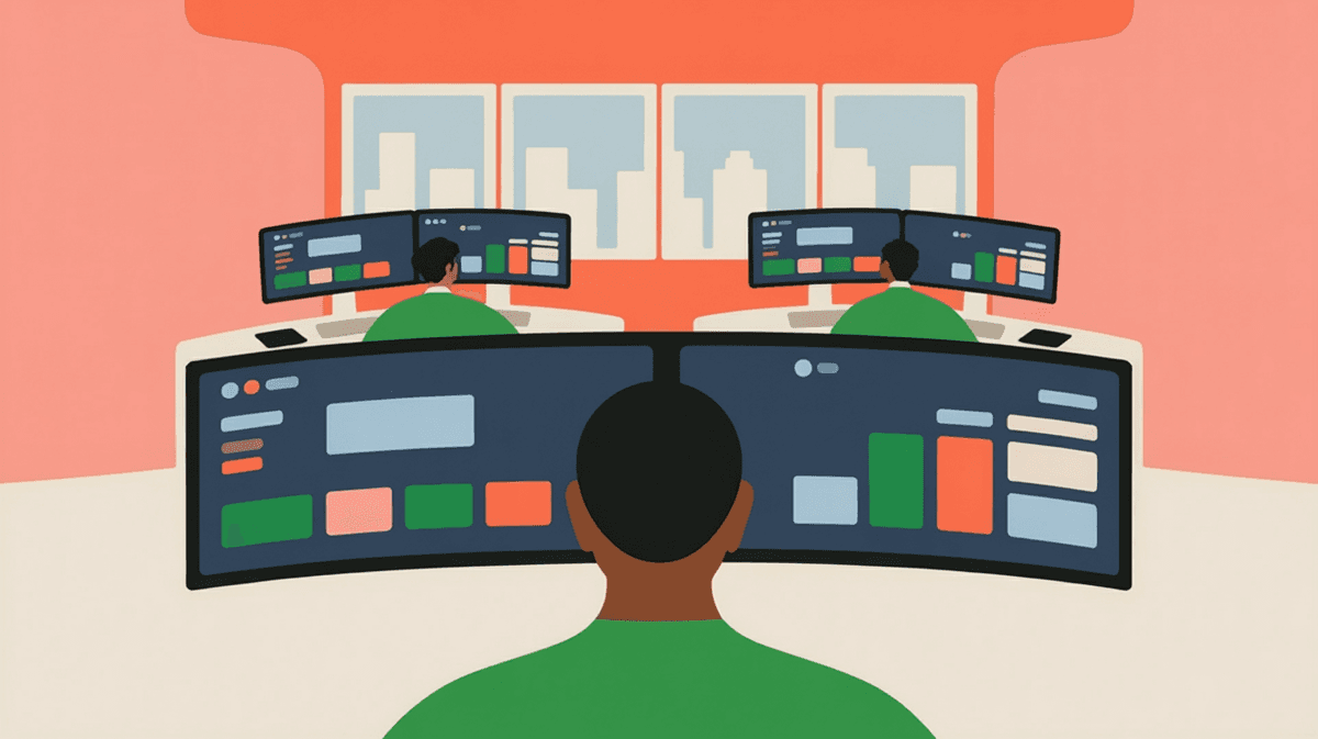 Wide view of modern property management office with team members working at computer workstations, natural light from large windows