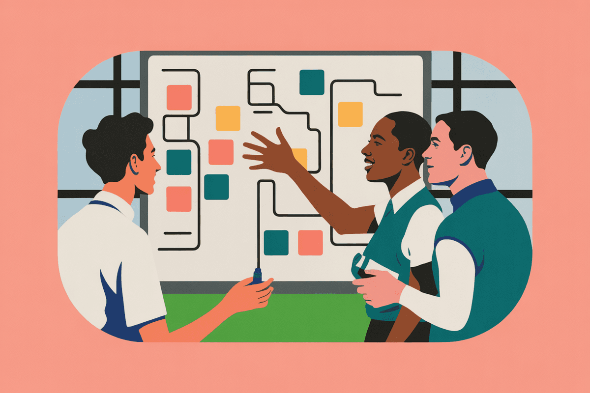 Three professionals collaborating at whiteboard with workflow diagrams and sticky notes in bright modern conference room