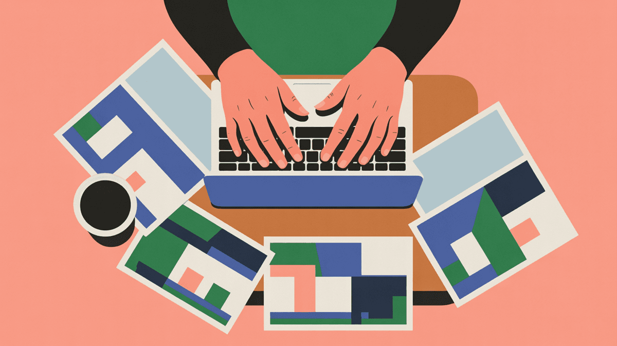 Overhead close-up of hands typing on laptop with property listings and coffee on wooden desk