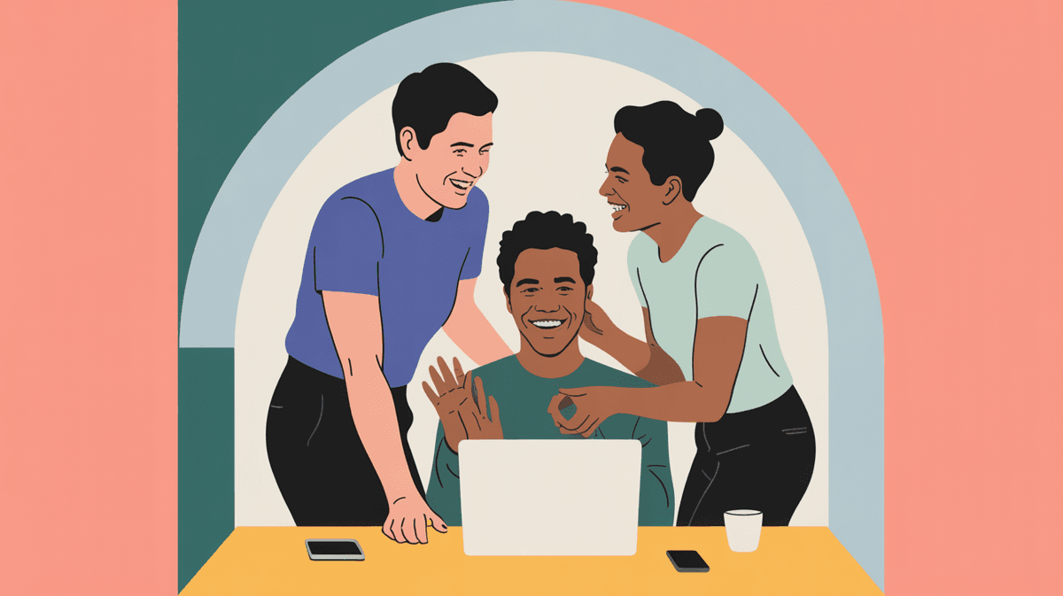 Team of three professionals collaborating around laptop in bright coworking space with natural light