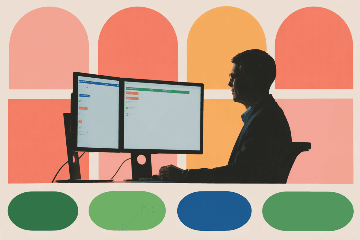 Silhouette of property owner working at dual monitor setup during golden hour