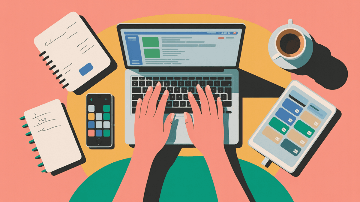 Overhead view of busy real estate agent's desk with laptop, phone, papers and coffee showing the chaos of managing multiple tools