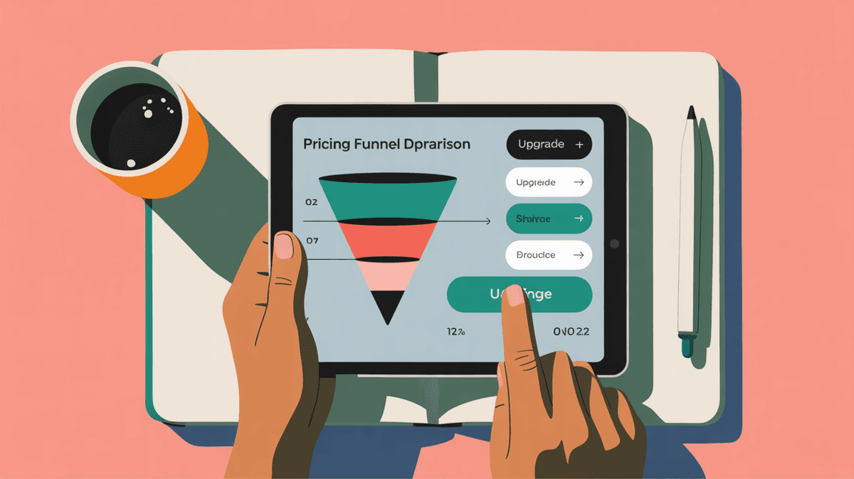 Overhead view of hands using a tablet displaying a pricing interface with design notes nearby