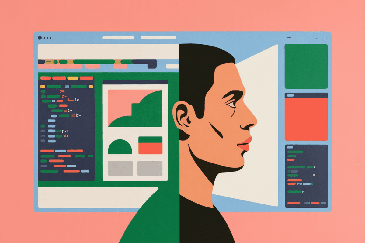 Developer reviewing design specifications alongside technical performance metrics on dual monitors