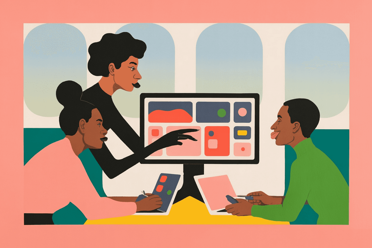 Product team collaborating around a monitor reviewing interface designs in a bright, naturally-lit office