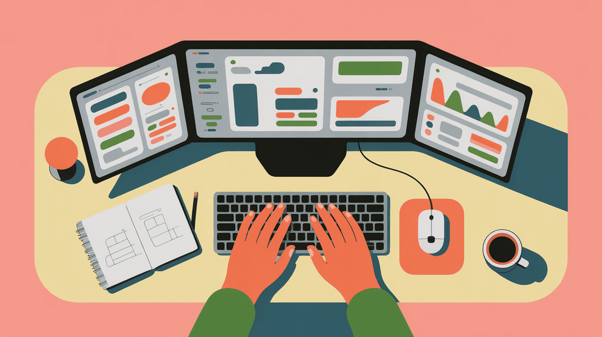 Overhead view of a product designer's workspace with multiple monitors, keyboard, and design materials bathed in natural light