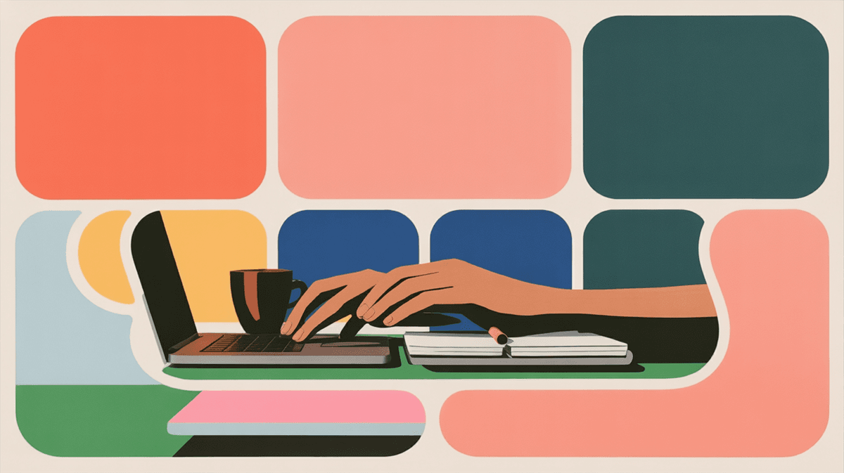Close-up of person's hands working on laptop with notebook and coffee in natural morning light