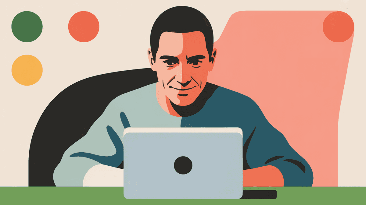 Close-up portrait of entrepreneur focused on laptop screen with satisfied expression